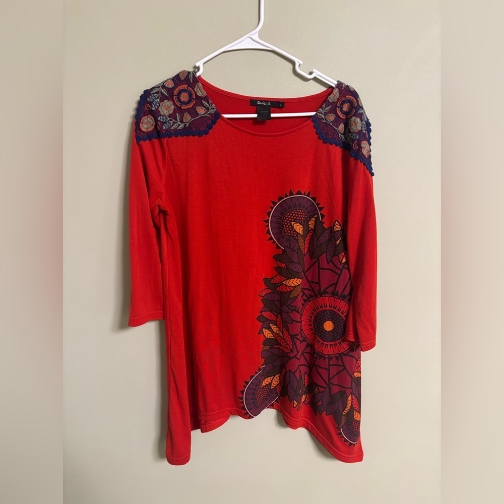 Desigual Top 3/4 Sleeves Embroidered Red Blouse Tunic Asymmetrical Size Large